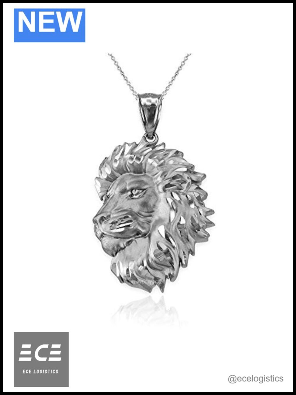 Sterling Silver Lion Face Sparkle Cut Pendant Necklace Unisex